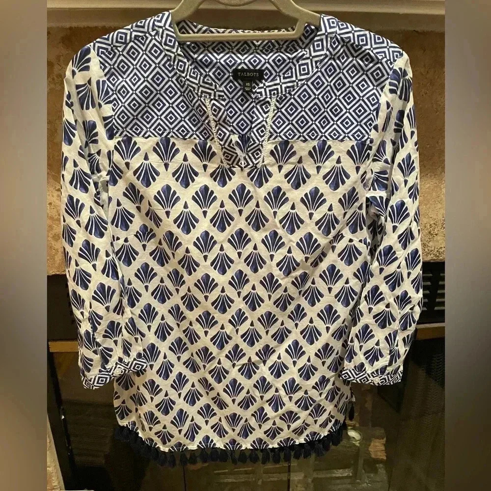 Talbots Women’s Tunic 3/4 sleeve shell artsy 100% cotton tassles nautical XS